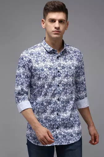 men's long sleeves floral white shirt