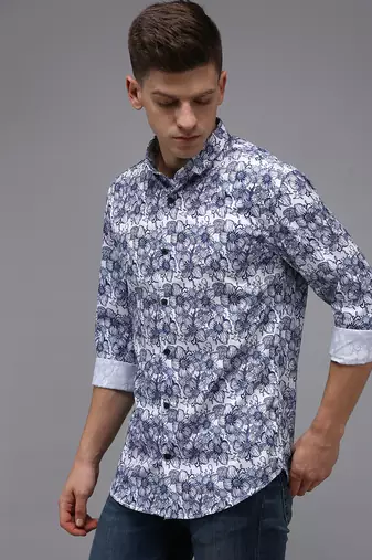 men's long sleeves floral white shirt
