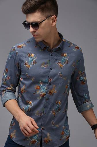 men's long sleeves floral blue shirt