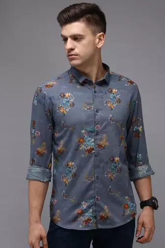 men's long sleeves floral blue shirt