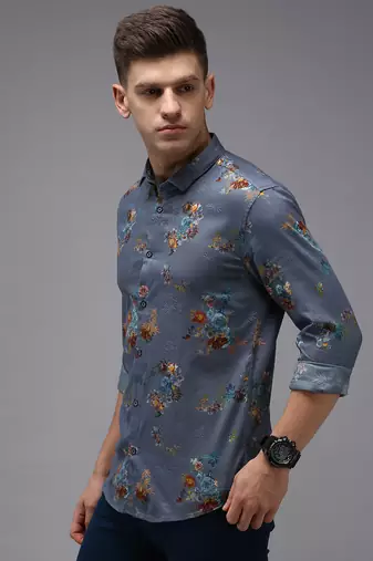 men's long sleeves floral blue shirt