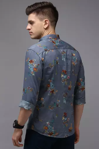 men's long sleeves floral blue shirt