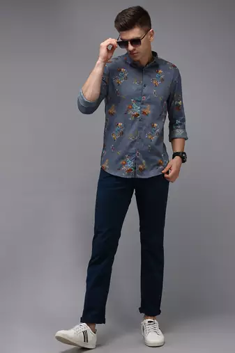 men's long sleeves floral blue shirt