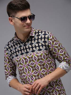 men's long sleeves ethnic motifs navy blue shirt 1