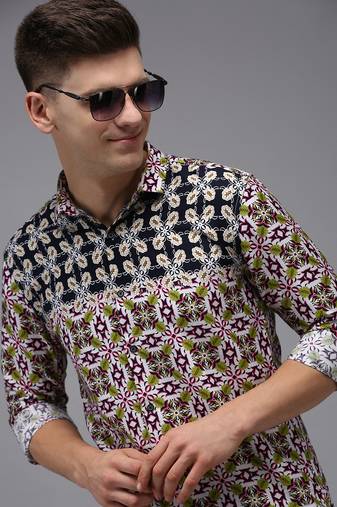 men's long sleeves ethnic motifs navy blue shirt