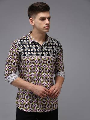 men's long sleeves ethnic motifs navy blue shirt 2