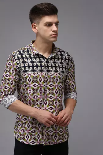 men's long sleeves ethnic motifs navy blue shirt