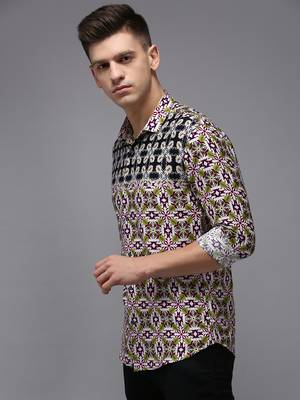 men's long sleeves ethnic motifs navy blue shirt 3
