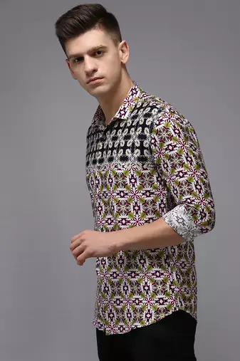 men's long sleeves ethnic motifs navy blue shirt