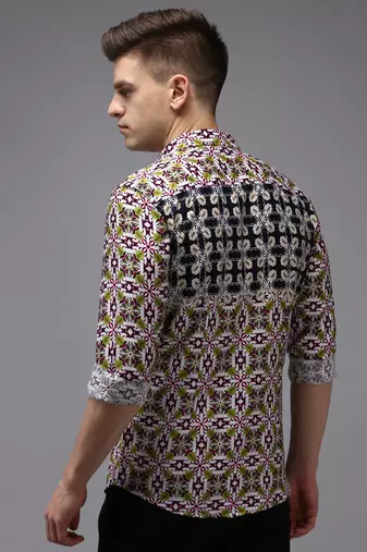 men's long sleeves ethnic motifs navy blue shirt