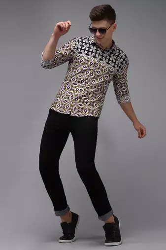 men's long sleeves ethnic motifs navy blue shirt