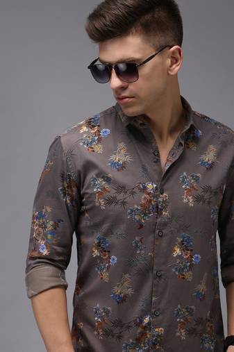 men's long sleeves floral grey shirt