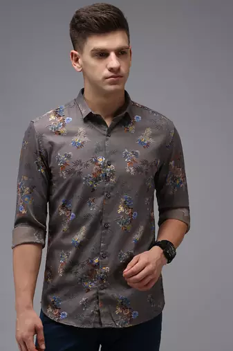 men's long sleeves floral grey shirt