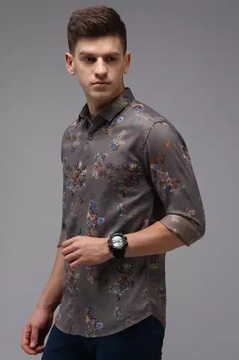 men's long sleeves floral grey shirt