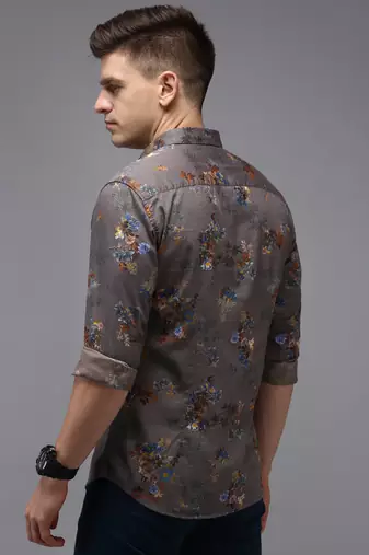 men's long sleeves floral grey shirt