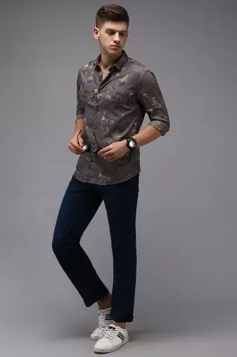men's long sleeves floral grey shirt