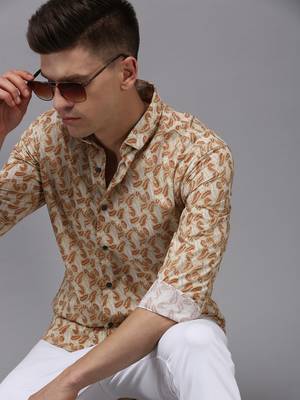 Showoff men's long sleeves abstract cream shirt 1