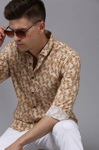Showoff men's long sleeves abstract cream shirt