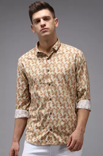 Showoff men's long sleeves abstract cream shirt