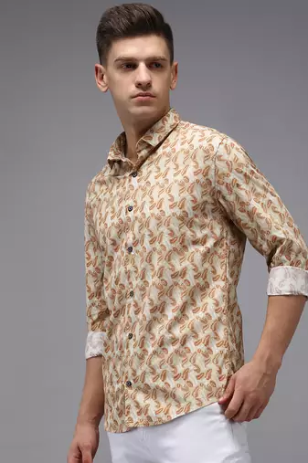 Showoff men's long sleeves abstract cream shirt