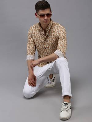 Showoff men's long sleeves abstract cream shirt 5
