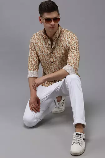 Showoff men's long sleeves abstract cream shirt