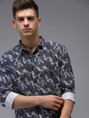 men's long sleeves abstract navy blue shirt 1