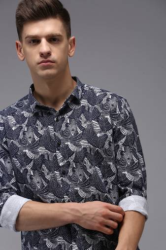 men's long sleeves abstract navy blue shirt