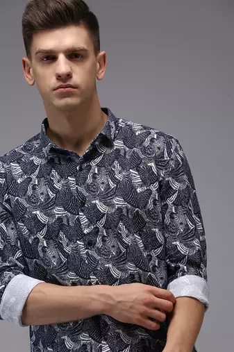 men's long sleeves abstract navy blue shirt