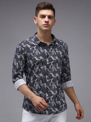 men's long sleeves abstract navy blue shirt 2