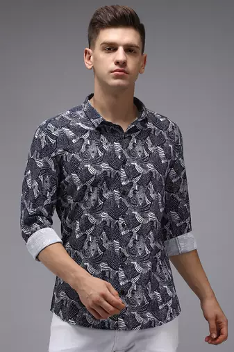 men's long sleeves abstract navy blue shirt