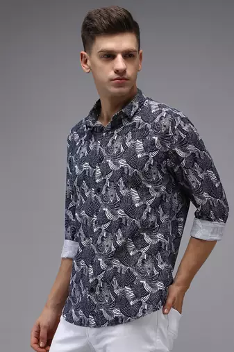 men's long sleeves abstract navy blue shirt