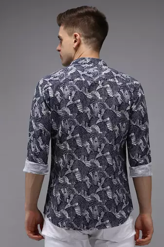 men's long sleeves abstract navy blue shirt