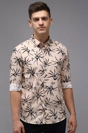 men's long sleeves floral peach shirt