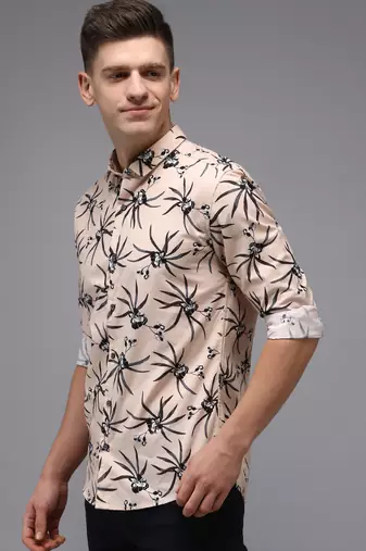 men's long sleeves floral peach shirt