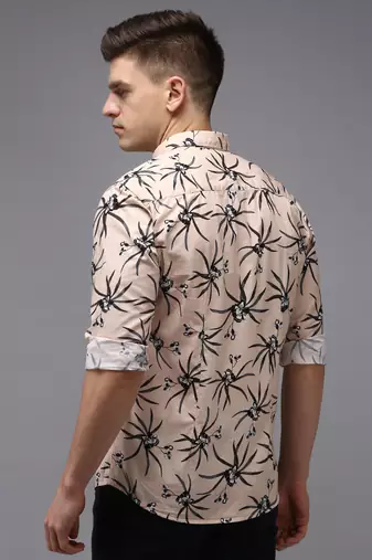 men's long sleeves floral peach shirt