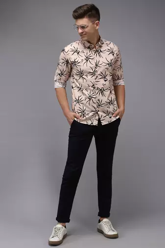 men's long sleeves floral peach shirt
