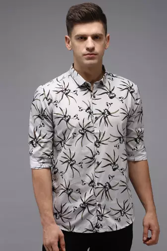 men's long sleeves floral grey shirt