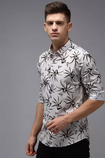 men's long sleeves floral grey shirt