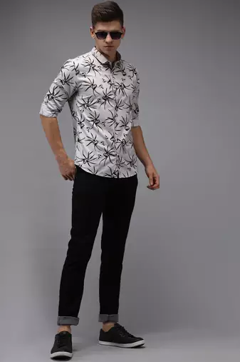 men's long sleeves floral grey shirt