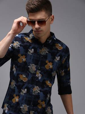 men's long sleeves floral navy blue shirt 1