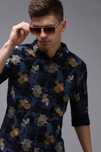men's long sleeves floral navy blue shirt