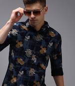 men's long sleeves floral navy blue shirt