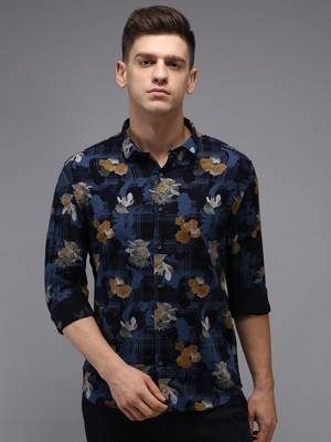 men's long sleeves floral navy blue shirt 2