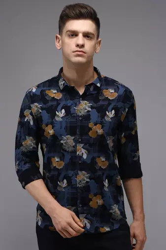 men's long sleeves floral navy blue shirt