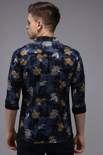 men's long sleeves floral navy blue shirt