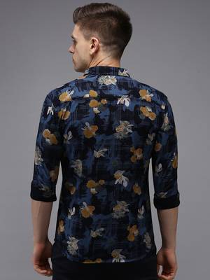 men's long sleeves floral navy blue shirt 4
