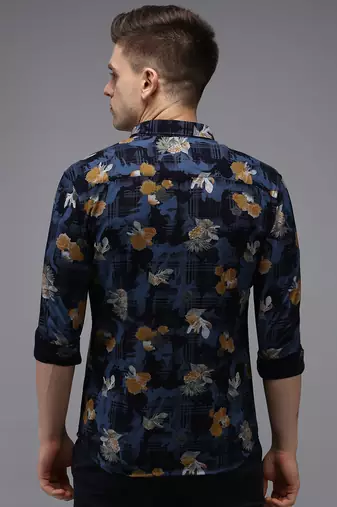 men's long sleeves floral navy blue shirt