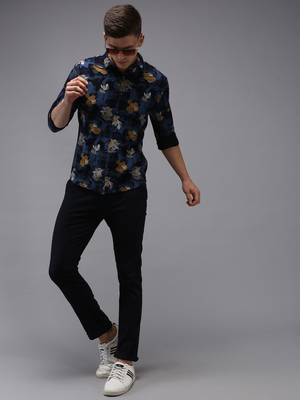 men's long sleeves floral navy blue shirt 5