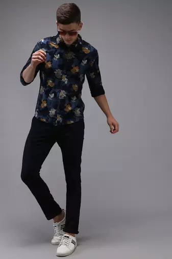 men's long sleeves floral navy blue shirt